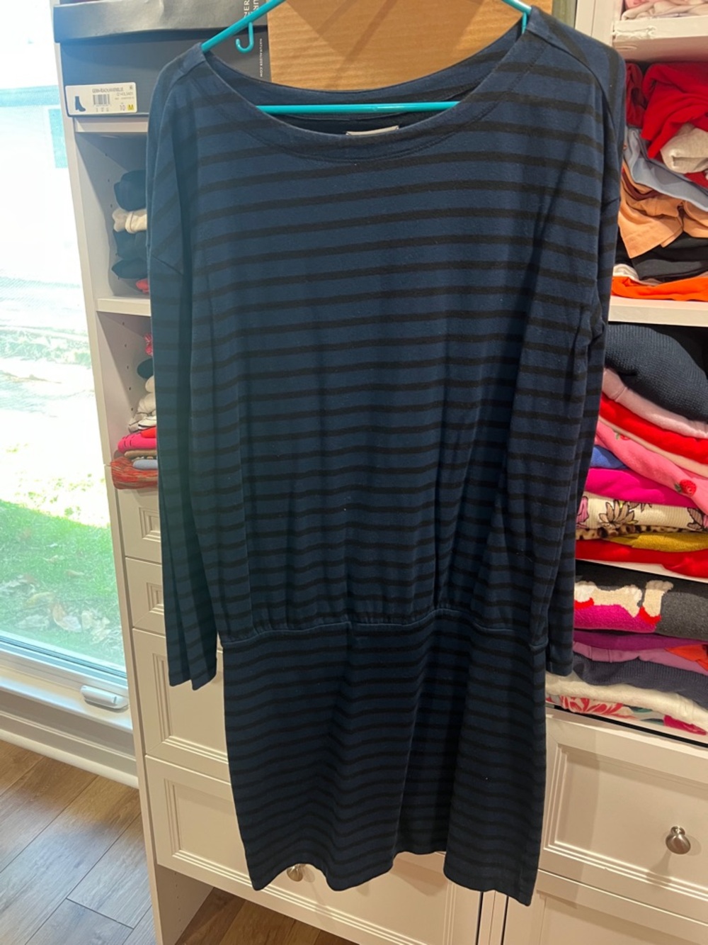 Loft Striped Navy and Black Long Sleeve Dress size M mini cotton dress